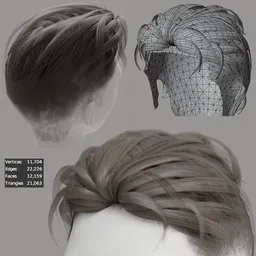 Detailed 3D male hairstyle showing wireframe and rendered views, optimized for Blender and game development.