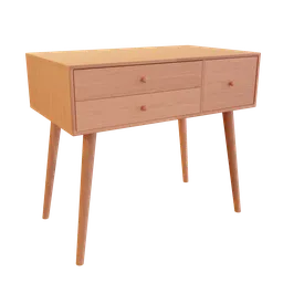 "Minimalistic wooden vanity table in Blender 3D with two drawers. Inspired by retro themes and artists such as Henry Heerup, Frederick Hammersley, and Hiroshi Nagai. Perfect for 3D rendering and interior design projects."