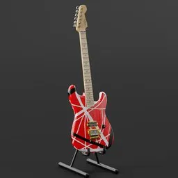 "EVH Striped Series" electric guitar 3D model for Blender 3D software. Ideal for game assets and video animation projects. Simple design with black stand and microphone.