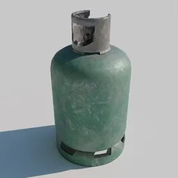"Industrial gas canister with a green metallic finish and metal cap, suitable for concept art in Blender 3D. Features include smooth surface render, light displacement, and dynamic lighting effects. Perfect for adding realism to industrial scenes."