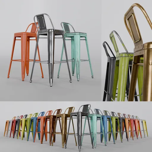 Realistic Blender 3D model showcasing various material options and finishes for industrial-style stools.
