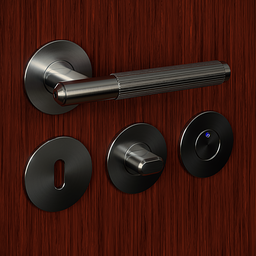 "Functional and elegant door handle and lock set for Blender 3D, including key escutcheon and thumbturn Lock. Featuring a chrome body and strong blue rimlit, with complete detailed body and reduced duplication interference sensors. Perfect for door-related 3D modeling projects."