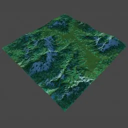 "8K Spring Mountain Landscape 3D Model for Blender 3D - Featuring Hemlocks, Carpathian Mountains, and Substance Designer Height Map. Top-Down View of Green and Blue Terrain with Emissive and Phong Shaded Mountains in the Background. By Aquirax Uno and Andries Both."