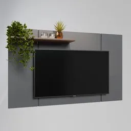 Detailed 3D model of a modern tv panel with shelf, decorative items, and wall-mounted design for Blender.