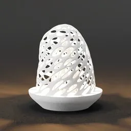 Detailed 3D printed voronoi-style lamp illuminated from within, showcasing intricate patterns and shadows.