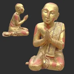 Antique Burmese Monk 1 Statue Gilt Wood
