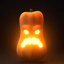 "Blender 3D model of an angry Halloween pumpkin with a glowing yellow background. The pumpkin's face has been intricately carved, creating a pouty expression that adds to its overall menacing appearance."