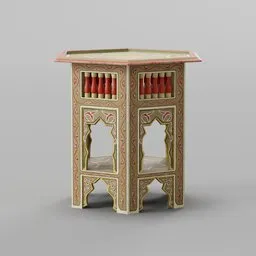 "Painted Table Arabic Design: A low poly optimized 3D model for interior decoration in Blender 3D. Inspired by Léon Bakst and Indian temple art, this table features a shelf and is perfect to enhance your virtual space. Don't forget to rate and explore this trending arcade machine design on ArtStation."