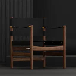 Realistic black canvas lounge chair 3D model with oak frame, detailed textures, designed by Børge Mogensen, compatible with Blender.