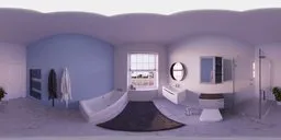 360-degree HDR light for scenes featuring a well-lit, white and blue-toned modern bathroom with natural light.