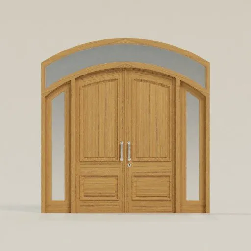 Realistic arch-top wooden double-door 3D model, detailed texture and design, available for Blender rendering.