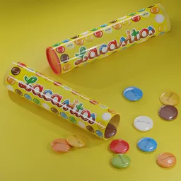 Detailed Blender 3D render of Lacasitos candy tubes on a yellow background.