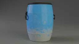 Realistic blue plastic barrel 3D model with PBR textures, suitable for Blender renderings in outdoor settings.