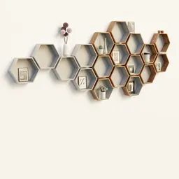 "Shelving module with deco flowers, vase and photo frames: a 3D metal bee design with unique hexagon motifs and minimalist style. Perfect for decorating apartment spaces and adding a touch of garniture."