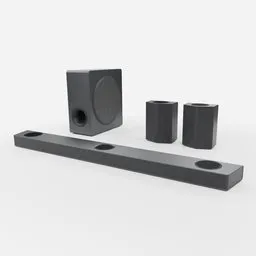 Detailed 3D model of a modern soundbar with dual speakers and subwoofer, compatible with Blender rendering.