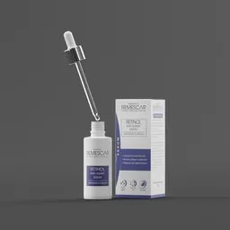"Remescar Anti-Aging Serum 3D model for Blender 3D software. Detailed product design with symmetrical scar features and accompanied box. Realistic and high sample render for skincare enthusiasts."