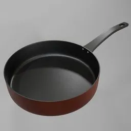 Detailed 3D rendering of a non-stick frying pan optimized for Blender scenes with a realistic handle and design.