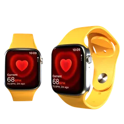 Highly detailed 3D render of a silver smartwatch with a yellow band, compatible with Blender 3D projects.