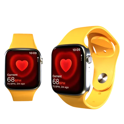 Highly detailed 3D render of a silver smartwatch with a yellow band, compatible with Blender 3D projects.