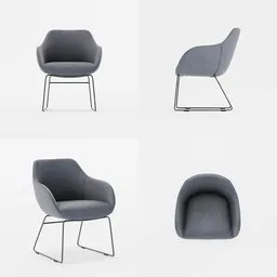 "Metal and fabric chair model for Blender 3D, with 2K textures. Professional product photo by Nōami, featuring a spidery irregular metal frame and a grey seat with black base. Perfect for architectural visualization and product design projects. Created with reference to B&T Design, Instagram: btdesignglobal."