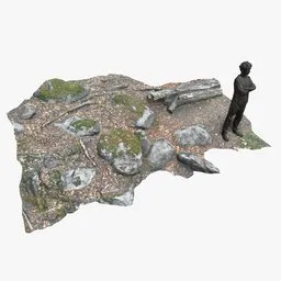 "Lowpoly photogrammetry scan of beech forest ground with boulders and tree log in Blender 3D. Includes albedo, normal and roughness textures. Great for landscape design projects and 3D visualization."