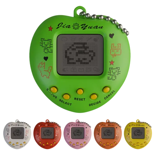 Highly detailed 3D rendering of virtual pet on Blender, showcasing diverse color range and intricate screen pixels.