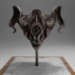 Alt text: "Scary yet mesmerizing sculpture of a horned head on a wooden stand. Perfect for Resident Evil virus concept art and Elder Ring themes. This 3D asset features a symmetrical mouth, funeral veil, and beautifully crafted details."