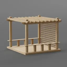 "Exterior wooden structure with bench and pergola, ideal for gardens or decorations. Created with Blender 3D, modeled with canopies and rendered in Redshift. Japanese heritage inspired design by Weiwei Mingei, also available in 2D AutoCAD."