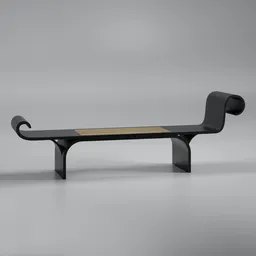 High-quality 3D rendering of modern bench with sleek black design and straw seat detail, compatible with Blender for visualization.