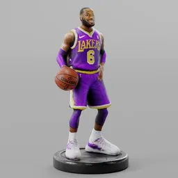 Detailed LeBron James-like 3D model in Lakers uniform holding a basketball, compatible with Blender for animation and rendering.