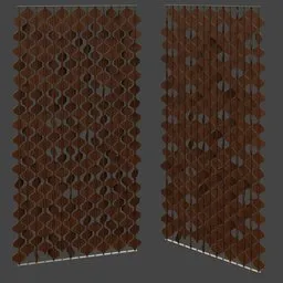 "Brown patterned curtain with fans, ideal for interior decoration. Blender 3D model featuring nanocarbon-vest, wood panel walls, and symmetrical shape. Perfect asset for Unreal 5 projects and adds a touch of elegance to any room design."