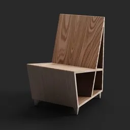 "Modern wooden chair with shelf, suitable for interior design. Cornered angle design inspired by Ai Weiwei. Low-poly model for Blender 3D."