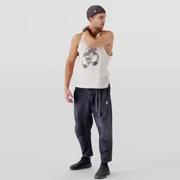 3D model of athletic young male with tattoo, white tank top with OM symbol, styled beanie, and sneakers in Blender.