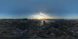 360-degree HDR panorama of an urban dockside at sunset with 4K textures, ideal for scene lighting.