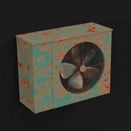"Rusty exterior air conditioning unit in Blender 3D model with fan box and camouflage scheme, featuring a metal surface and old, dirty aesthetic. Perfect for Silent Hill concept art or Fortnite skins. Textured with real flesh and substance designer metal, resembling a cuberpunk theme."
