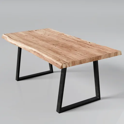 Live-edge 3D wooden table model with polished surface and black A-frame legs, high-quality for modern rustic Blender 3D projects.