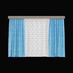 "Blender 3D model of a panoramic window curtain with a blue and white pattern, suitable for blinds. This 3D model is designed for a panoramic window measuring 2.65 meters in height and 3.56 meters in width. Enhance your Blender 3D projects with this realistic and versatile curtain model."