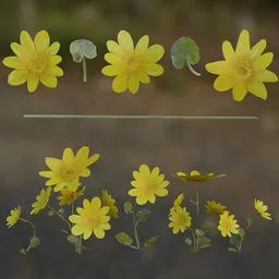 Low poly 3D yellow flowers with leaves, perfect for Blender 3D environmental design.