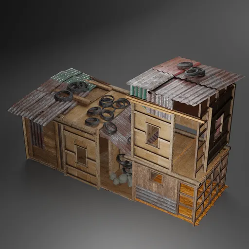 Detailed 3D slum house model with textured surfaces and makeshift materials, compatible with Blender 3D.