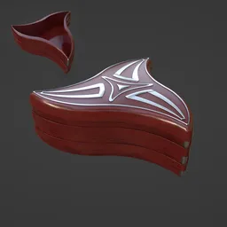 "Wood Box: A beautifully crafted 3D model for Blender 3D, featuring a mahogany and aluminum wooden box. Inspired by art nouveau curves and swirls, this fantasy shield design showcases smooth defined edges, a closed visor, and a tribal-style insignia. Perfect for your artistic projects in Blender 3D."