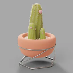 "Procedural cactus in a pot with metal stand, created with Blender 3.2 geometry nodes. Customizable features include size, radius, color, and number of cacti. Also includes the option to add roses and adjust grain size for a unique terrazzo effect."