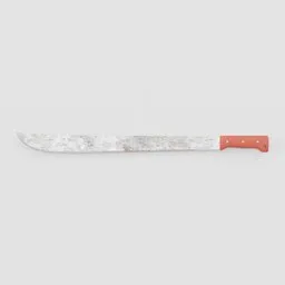 Detailed 3D machete model with textured blade and red handle, crafted for Blender rendering and animation.