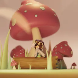 3D-rendered outdoor mushroom terrarium with frog, optimal for Blender artists in creative industries.