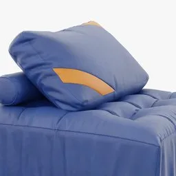 Detailed high-polygon 3D rendering of a blue plush sofa with orange accents, created with MD software and refined in Blender.