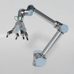 Detailed 3D Blender model of UR10e robot with RG2 grippers for industrial automation and packaging tasks.