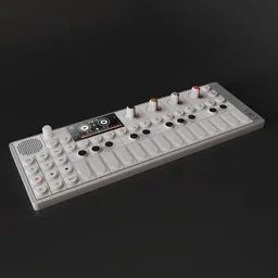 Detailed 3D model of a compact electronic synthesizer with knobs and buttons, designed for music production in Blender 3D.