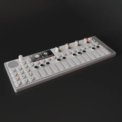 Detailed 3D model of a compact electronic synthesizer with knobs and buttons, designed for music production in Blender 3D.