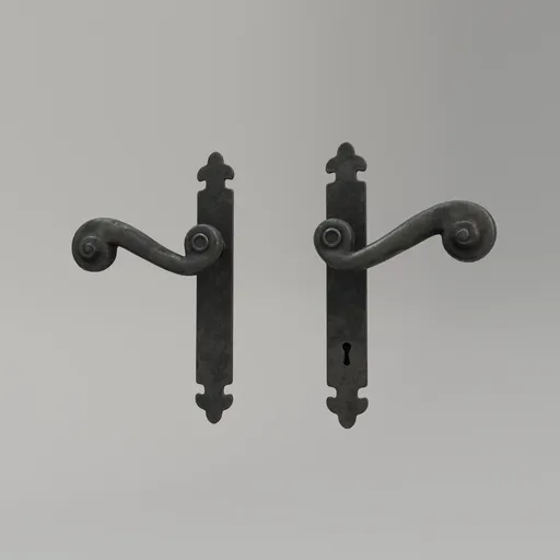 Detailed 3D model of iron door handles with lock, channel-packed textures, designed for architectural visualization in Blender.