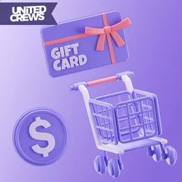 3D Blender icons featuring a shopping cart, gift card, and dollar symbol in a stylized, purple design suitable for retail graphics and animations.