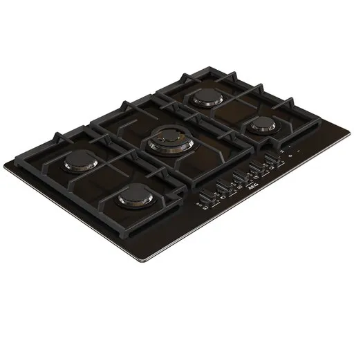 High-quality realistic 3D gas hob with 5 burners, rendered in Cycles, available in Blender format, ideal for kitchen visualizations.